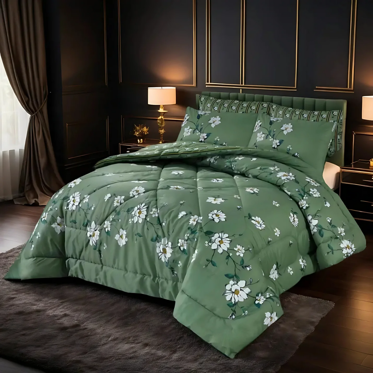 LIGHTGREEN WHITE FLOWER    7-PCS  KING SIZE COMFERTER SET  CS#0257