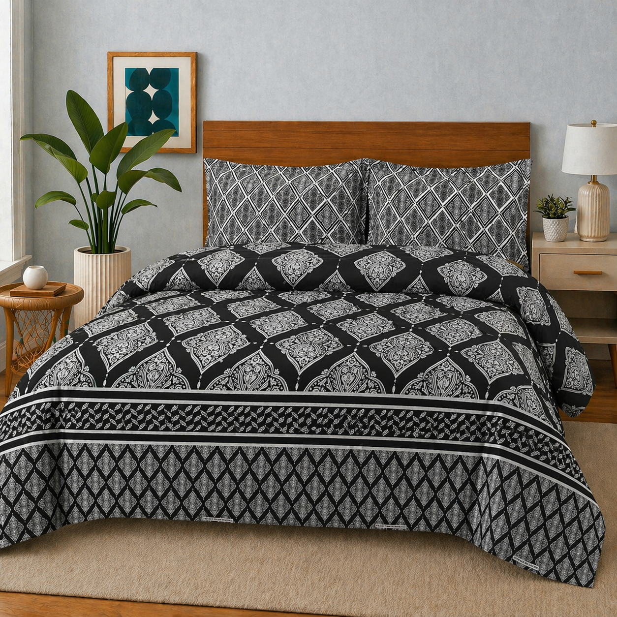 Black Leaves Bedsheet Set 3 Pcs BS#111 (Premium)