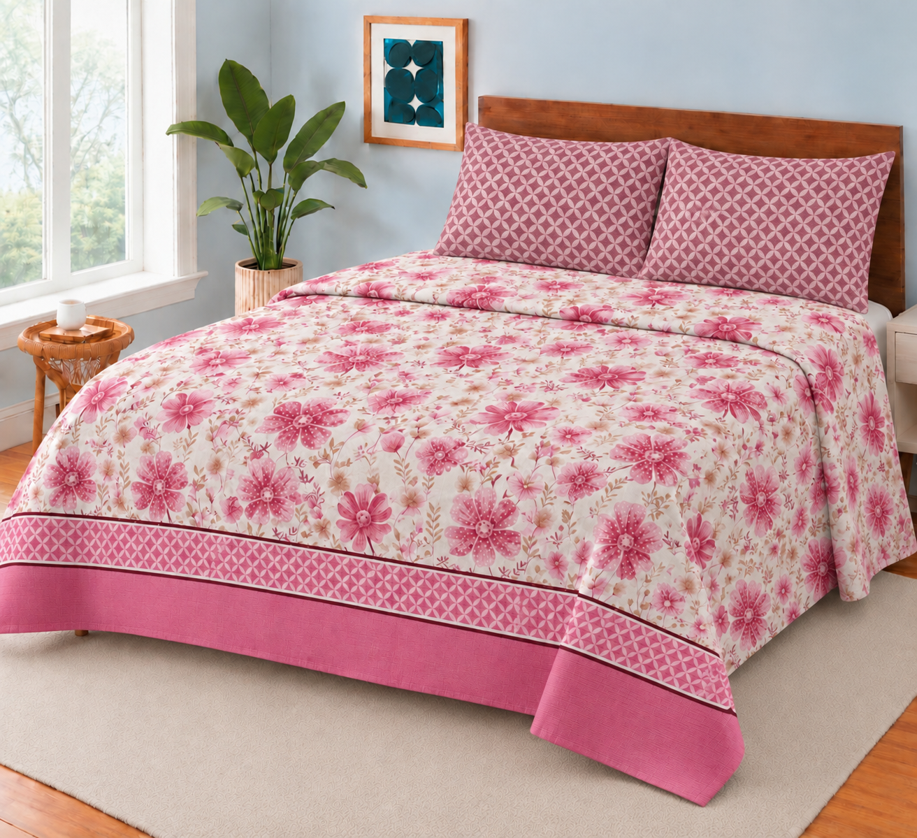 PINK FALORAL BEAUTY KING SIZE BEDSHEET 3 PCS  SL# 16 (Premium)
