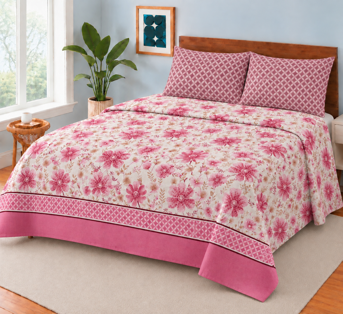 PINK FALORAL BEAUTY KING SIZE BEDSHEET 3 PCS  SL# 16 (Premium)