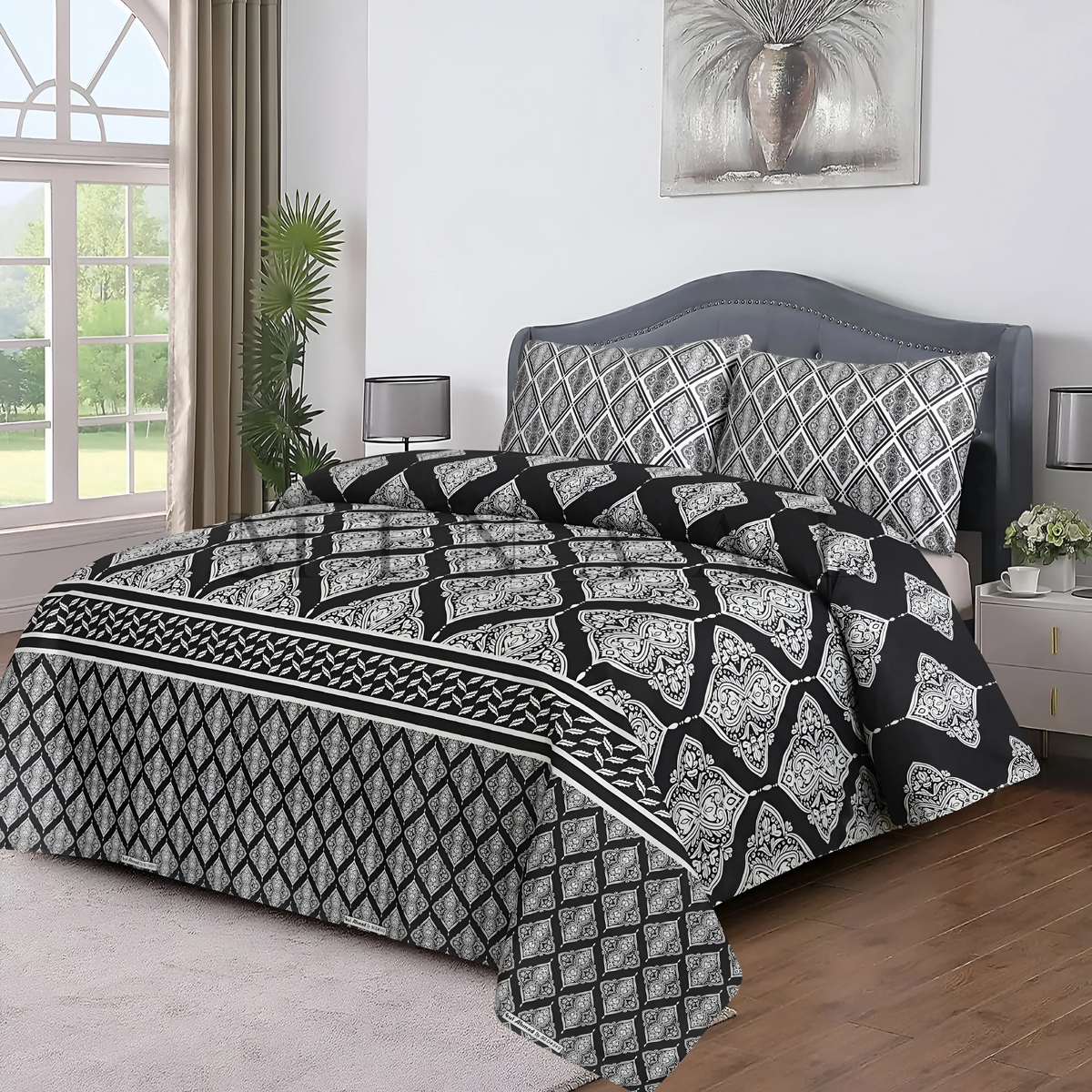 Black Leaves Bedsheet Set 3 Pcs BS#111 (Premium)