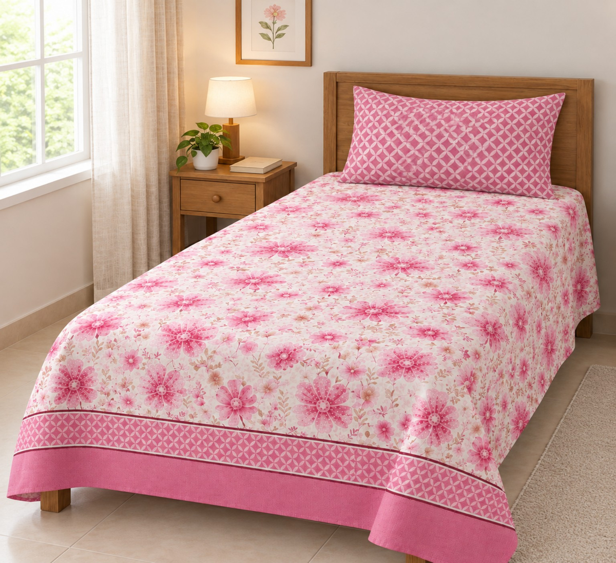 PINK FALORAL BEAUTY SINGLE BESHEET 2 PCS  SET  -PC 15 (Premium)
